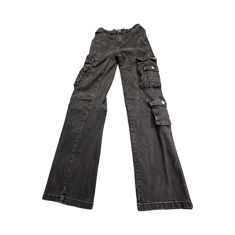 Fashion Nova Cargo Jeans Womens 7 Black Wide Leg Utility Multi Pocket TT11‎